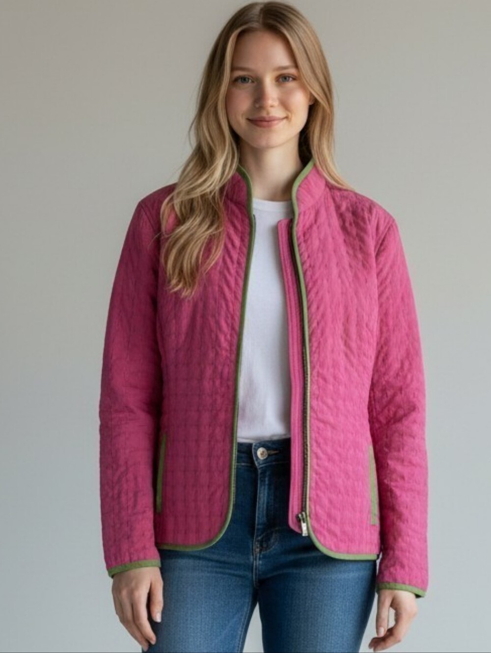 Harve Benard Pink Quilted Jacket with Green Trim